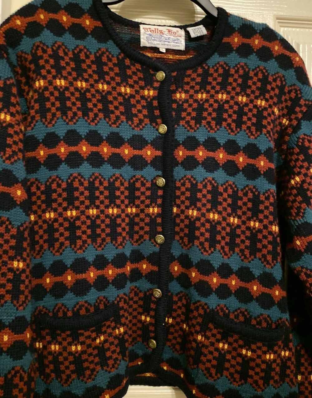 Vtg TALLY HO Christmas Cottage  Sweater Black Festive Cardigan Grandma Women’s L